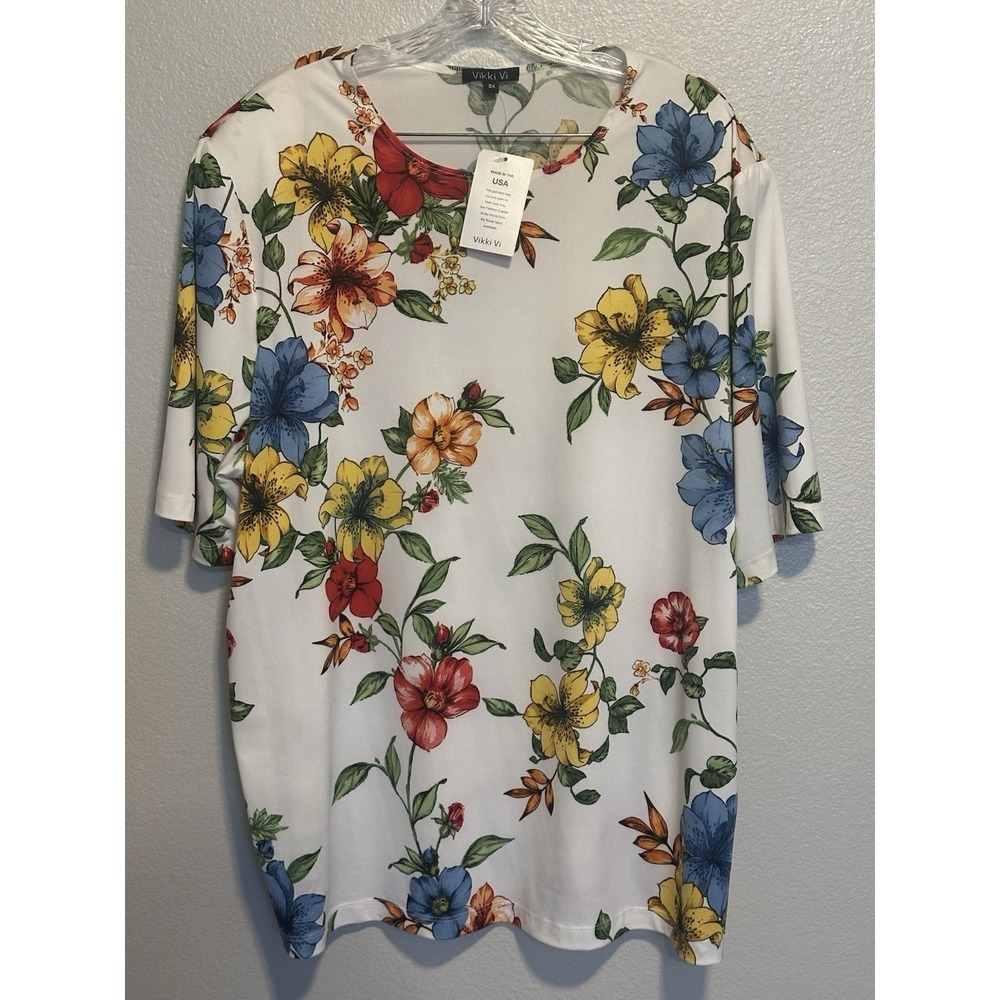 New VIKKI VI Jersey White Floral Short Sleeve Tunic Top Blouse Women Plus sz.3X